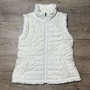 Nicole Miller Vest Womens Medium Cream Reversible Quilted Puffer Faux Fur Off Wh